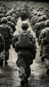 Solitary soldier strides forward within marching formation.