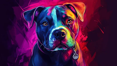 Neon-lit canine portrait renders expressive gaze in bold chroma