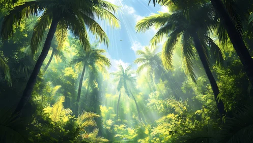 Sunlit jungle canopy opens to lush, misty tropical sanctuary