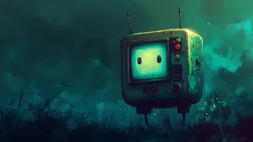 Lonely robot TV floats over glowing teal field at dusk.