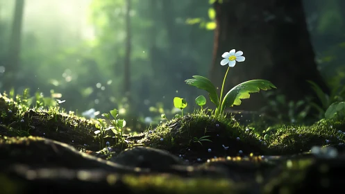 Lone white daisy glows softly in lush mossy forest clearing.