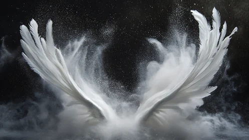 Symmetric white feather wings exploding through powder cloud.