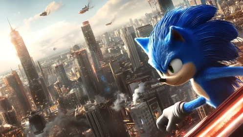 Blue anthropomorphic hedgehog above dense modern cityscape.