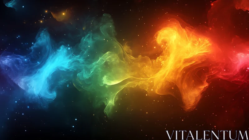 Cosmic spectrum nebula flows through starry deep space.