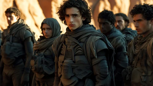 Desert-clad voyagers steady their gaze against simmering dunes