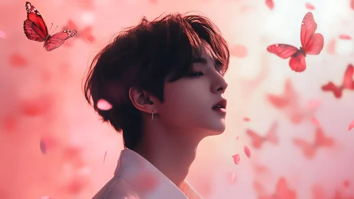 Gentle daydream with butterflies in rose colored light.