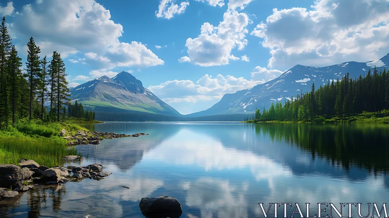 Peaceful mountain lake reflecting bright blue summer skies.