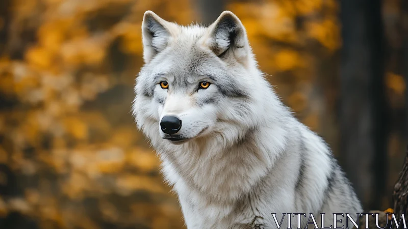 White wolf stands in sharp focus against blurred autumn woods