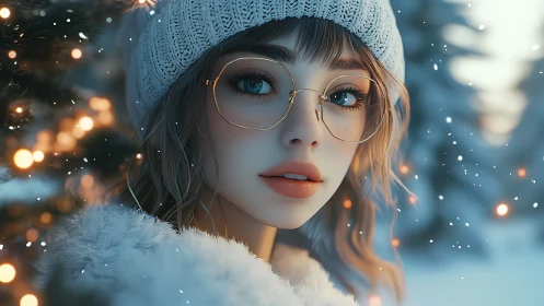 Snowlit dreamer in golden glasses amid whispering winter glow.