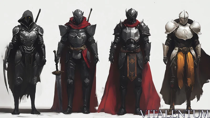 Four armored knights stand in formation wearing red capes