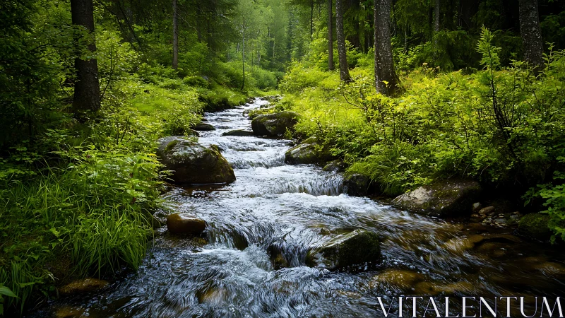 Serene Forest Stream Flowing Through Lush Green Woodland Scene.
