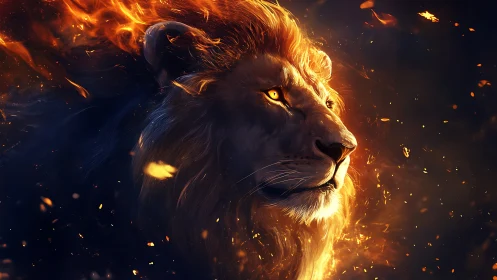 Fiery lion portrait framed by glowing embers and night sky.