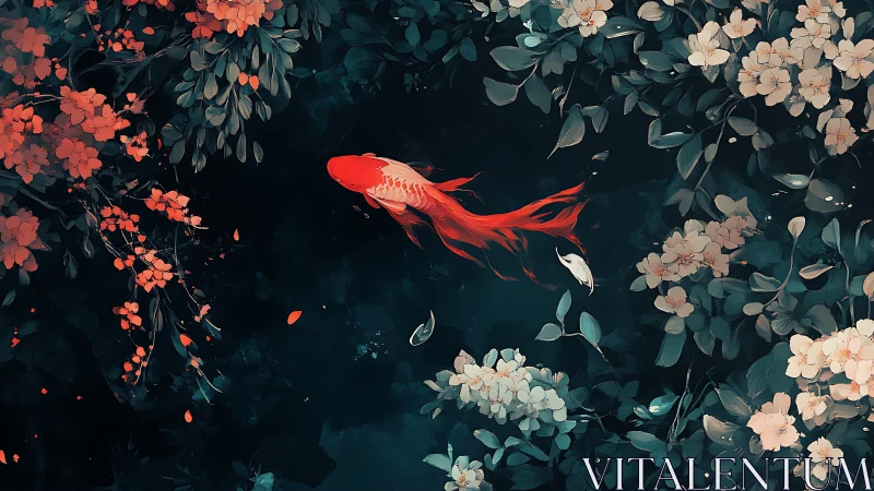 Crimson koi gliding through floral-framed emerald pond.