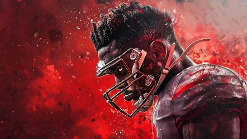 Locked-in football warrior in a storm of red determination.