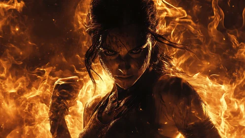 Warrior engulfed in blazing inferno, defiant and unbroken.