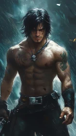 Brooding shirtless warrior stands in rain with wet muscles.