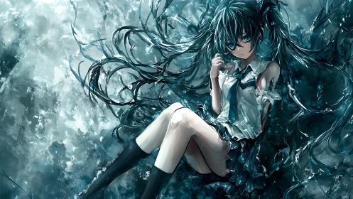 Blue-haired anime girl drifts amid swirling watery shadows.