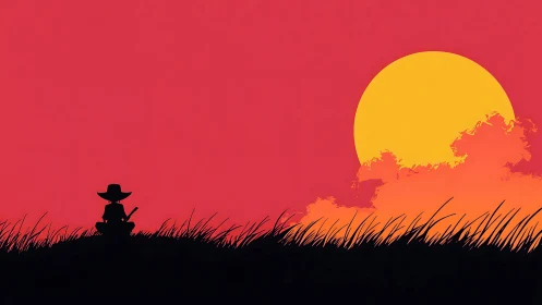 Silhouetted figure in grass before large sun at horizon.