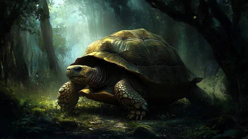 Large forest tortoise in dim green woodland environment.