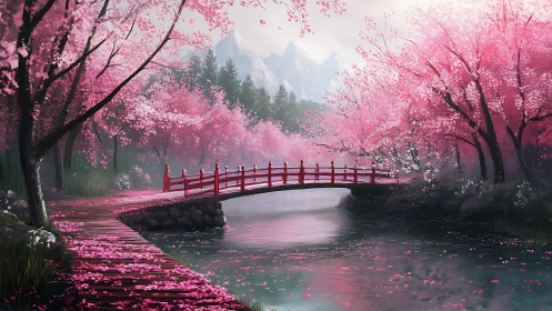 Peaceful cherry blossom bridge over a quiet spring river.