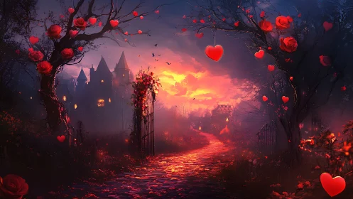Gothic castle at sunset framed by hearts and roses in romantic fantasy landscape