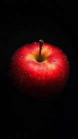 Red apple with water droplets on black isolated background.