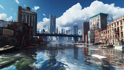 Decayed riverfront cityscape contrasts reflective water and steel span