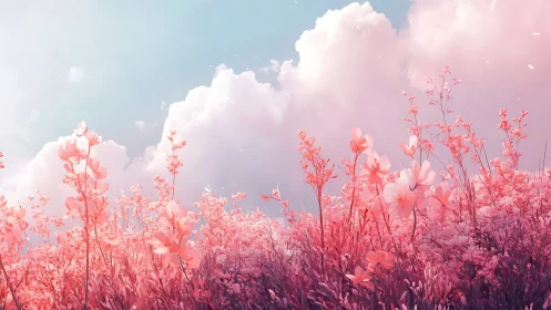 Dreamlike pink meadow under soft glowing cloudscape.
