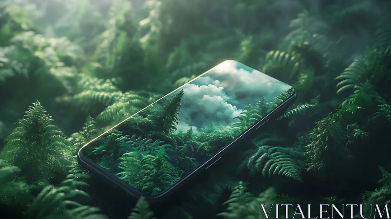Smartphone lies on dense ferns with forest scene displayed