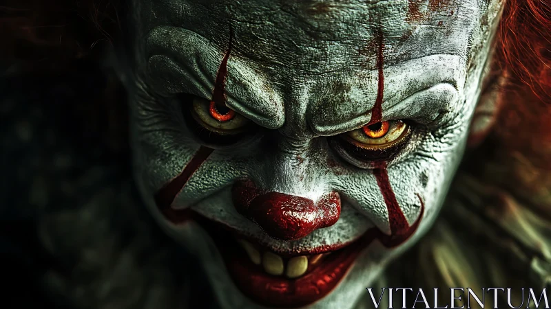 Predatory carnival clown glares with feral, burning eyes.