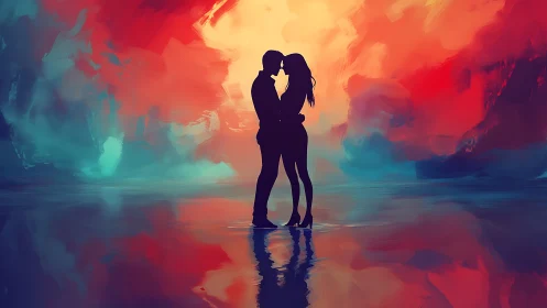 Silhouetted Couple Embracing Against Luminous Gradient Sky