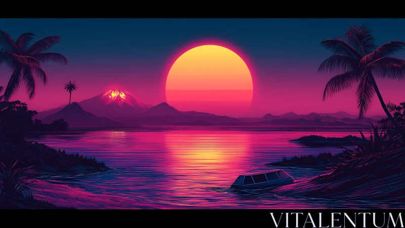 Neon sunset floods a tropical bay with luminous magenta light