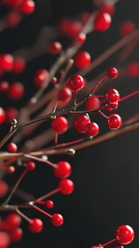 Red berry branches in closeup macro against dark background.