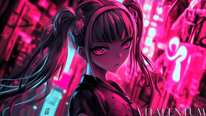 Neon lit anime girl with pigtails in moody city street.