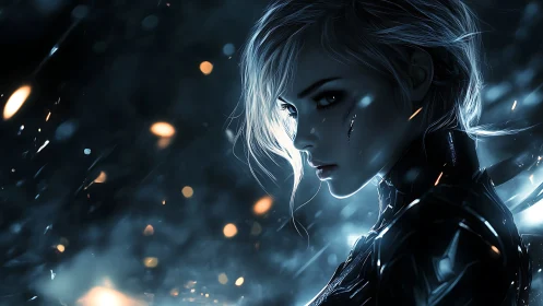 Cybernetic female portrait in dark blue sci fi environment.