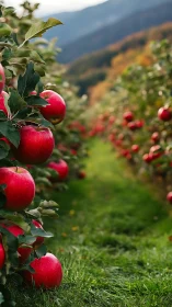 Ripe red apple rows in autumn orchard with soft mountain bokeh.