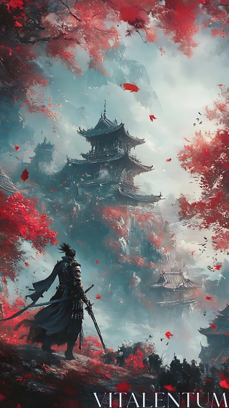 Crimson leaves crown the lone samurai before misty temples.