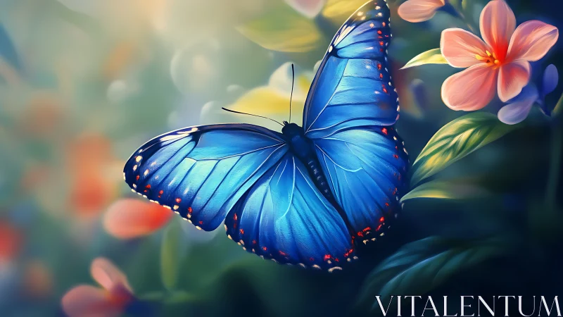 Blue butterfly rests on flowers in soft digital illustration