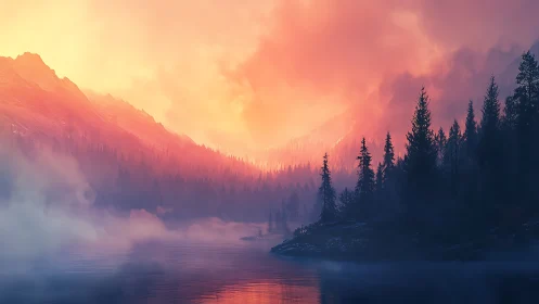 Digital painting sunset over misted alpine conifer lakescape.