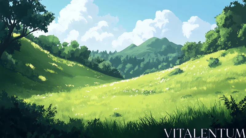 Digital painting of sunlit meadow valley with distant hills.