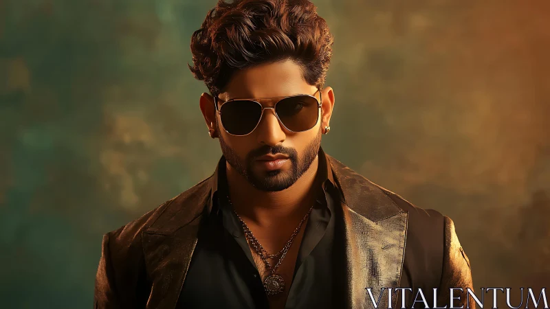 Man in sunglasses wearing leather jacket on studio backdrop.