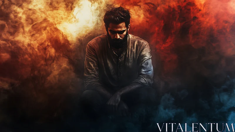 Man sits centrally amid contrasting orange and blue smoke