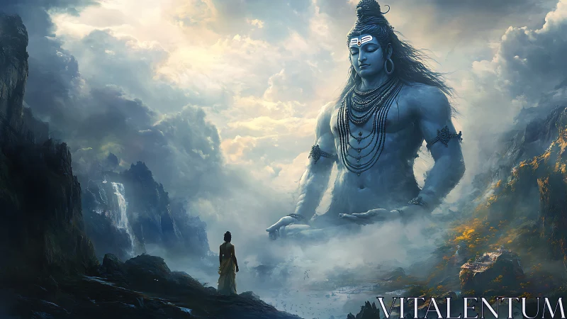 Colossal meditative deity rises amid misty sacred mountains