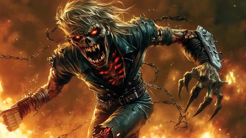 Flaming undead monster lunges forward in fiery chaos.