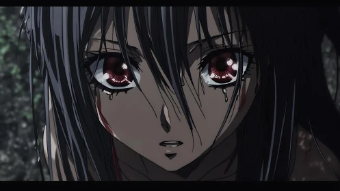 Somber anime girl with red eyes and tears in close-up.