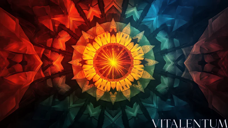 Radiant kaleidoscope sunburst in glowing rainbow petals.