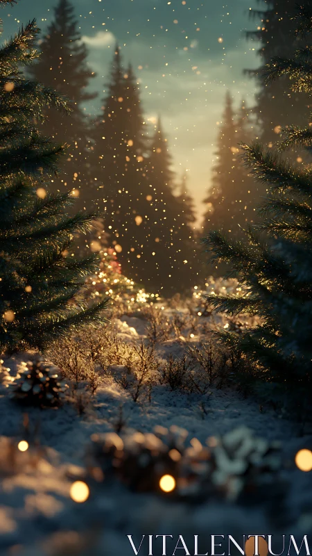 Snowy forest path glows under golden winter twilight.