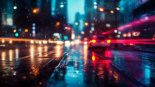 Rain soaked city street reflects neon car lights at night