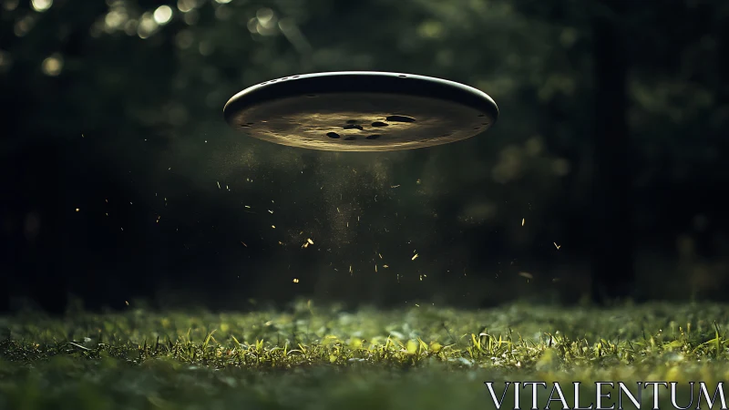 Shallow depth macro of levitating disc above sunlit grass