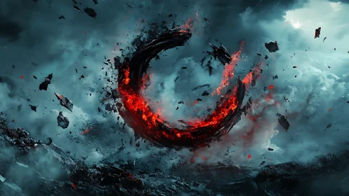 Volcanic debris torus suspended in storm-turbulent sky.